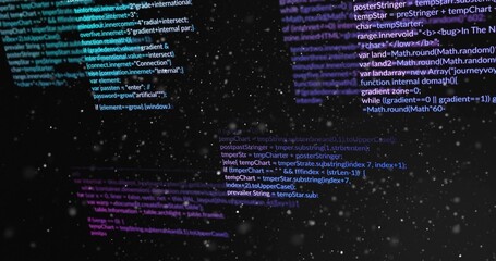 Wall Mural - Showing dark abstract code scene floating in virtual space, with code fragments and particle specks