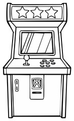 Classic vintage arcade game machine line art illustration with joystick, buttons, and display screen