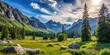 © Indigo Studio - Serene mountain valley landscape with lush green meadows, towering evergreen trees, and majestic rocky peaks under a vibrant summer sky