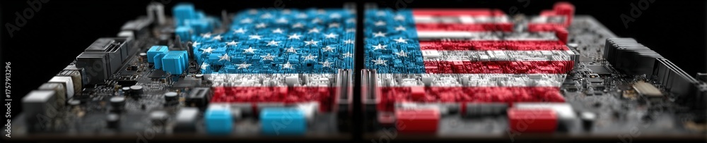 Led Flag Computer Macro image of a digital motherboard forming the American flag pattern ...