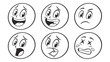 © Phaimanee - Six cartoon faces in black and white show excited, nervous, sad, shocked, silly, and overwhelmed expressions useful for emotion recognition or design.