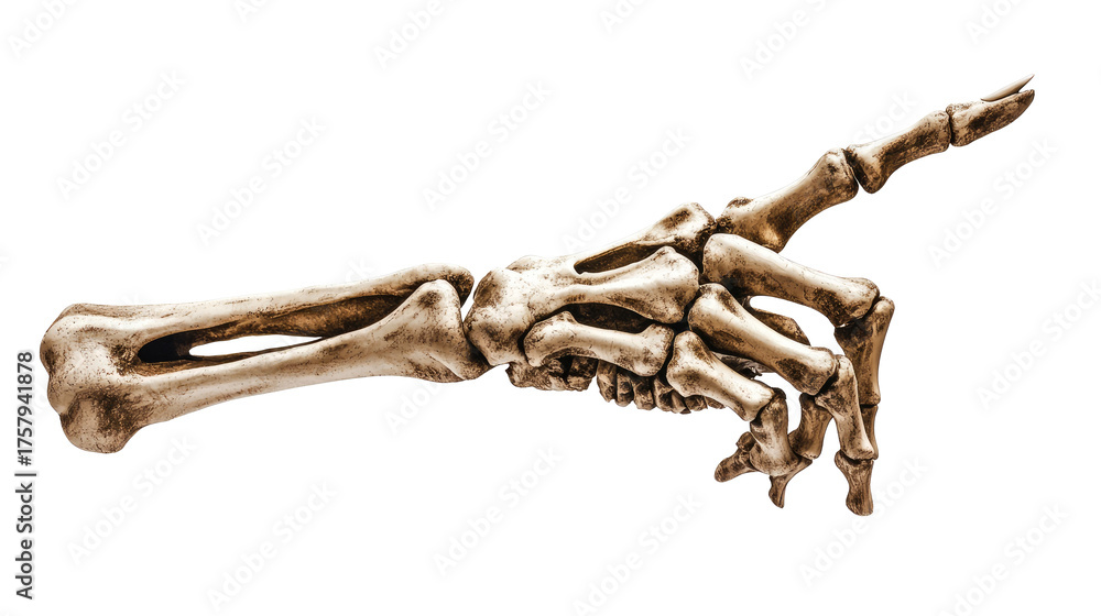 A skeletal hand with a long, curved bone extending from the wrist to ...