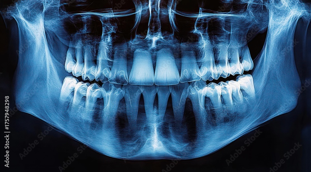 Detailed panoramic dental X-ray showing full set of teeth, jaws, and ...