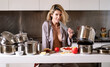 © Volodymyr - Sexy kitchen. Blond beautiful sexy girl cooking in kitchen doing breakfast with healthy food. Morning of pretty woman housewife.