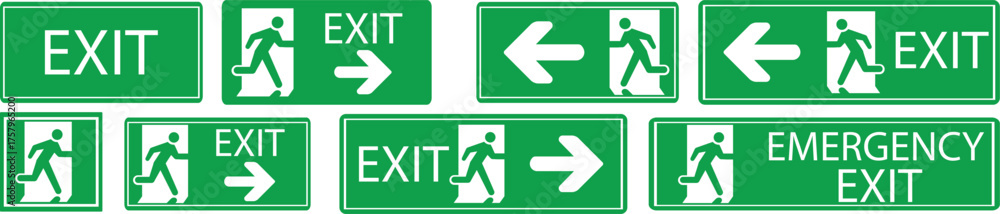 Emergency Exit Icon set. Vector illustration of running man and exit ...