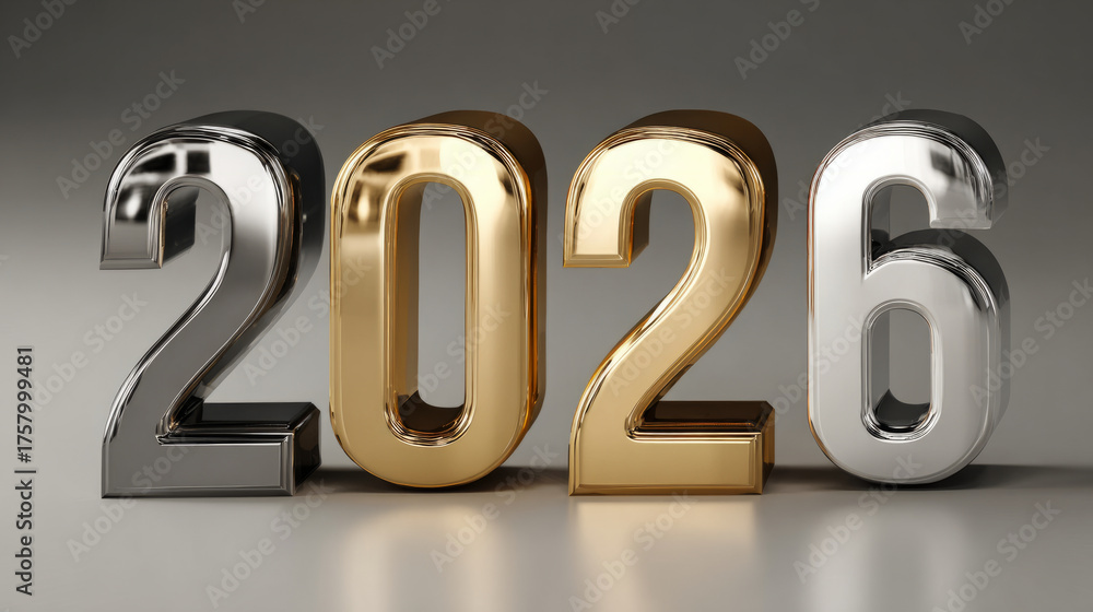 Shiny 3D numbers representing the year 2026 in different metallic ...