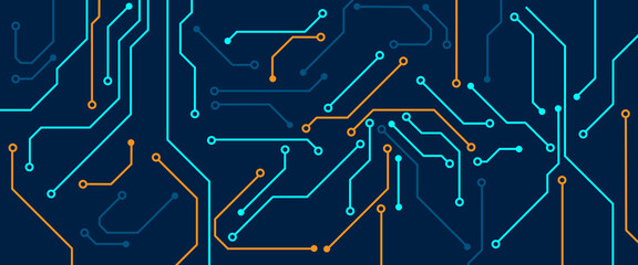 Wall Mural - Abstract digital technology futuristic internet network speed connection blue and orange background. Technology background with crossed lines and dots.