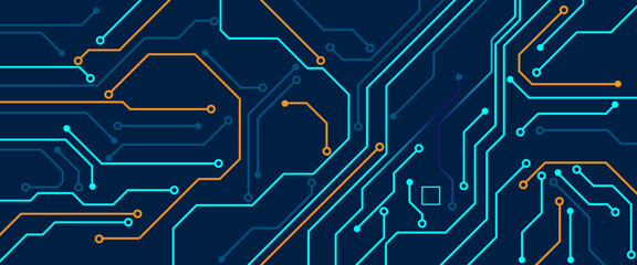 Wall Mural - Abstract digital technology futuristic internet network speed connection blue and orange background. Technology background with crossed lines and dots.