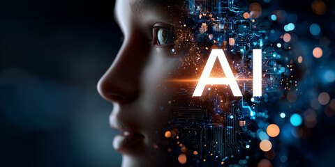 3D rendering of an AI head with the letters 