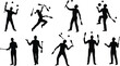 © Mam's Creations - Silhouette vector illustration of jugglers performing with clubs and balls, showcasing dynamic poses, circus skills, teamwork, balance, rhythm, and coordination