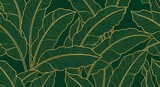 Detailed dark green banana leaves with gold outlining a seamless tropical pattern
