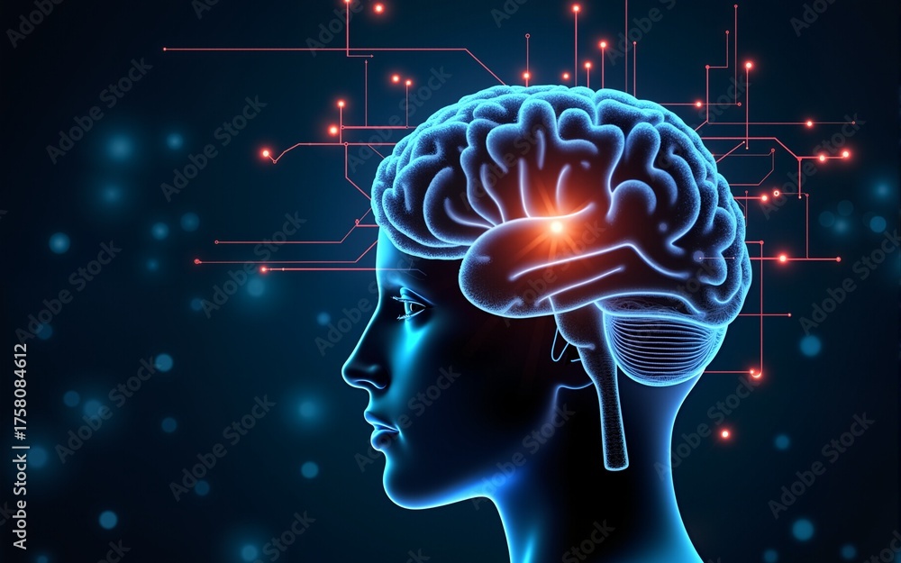 Big data and artificial intelligence concept. Human brain glowing from ...