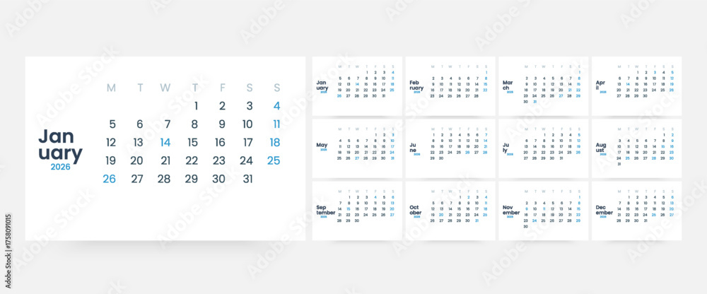 2026 Calendar - vector illustration. Week starts on Monday. Calendar ...