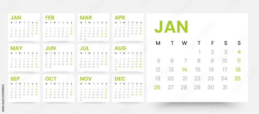 2026 Calendar - vector illustration. Week starts on Monday. Calendar ...