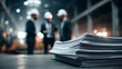 © Rifqi - Pile of documents placed on a table with blurred engineers wearing hardhats in background, concept for construction site plans, project management and corporate oversight