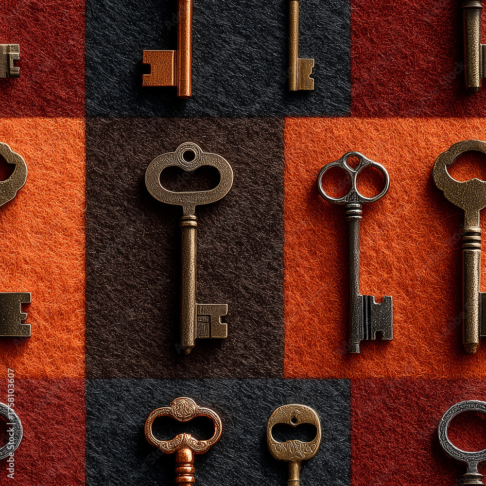 Seamless pattern of vintage keys on a textured checkerboard background ...