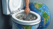 © Md - Human hand reaching into toilet bowl filled with trash representing earth pollution