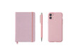 © kunci - Pink stationery set notebook, pen, and phone case against black background