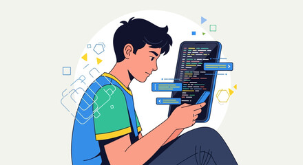 Illustration of a young man programming on a digital tablet while using a smartphone, representing modern tech education.