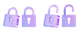 Glass holographic padlock icon 3d render. Crystal gradient set of locked and unlocked lock in different angles. Safety and secure symbol for web design. Protection and privacy concept