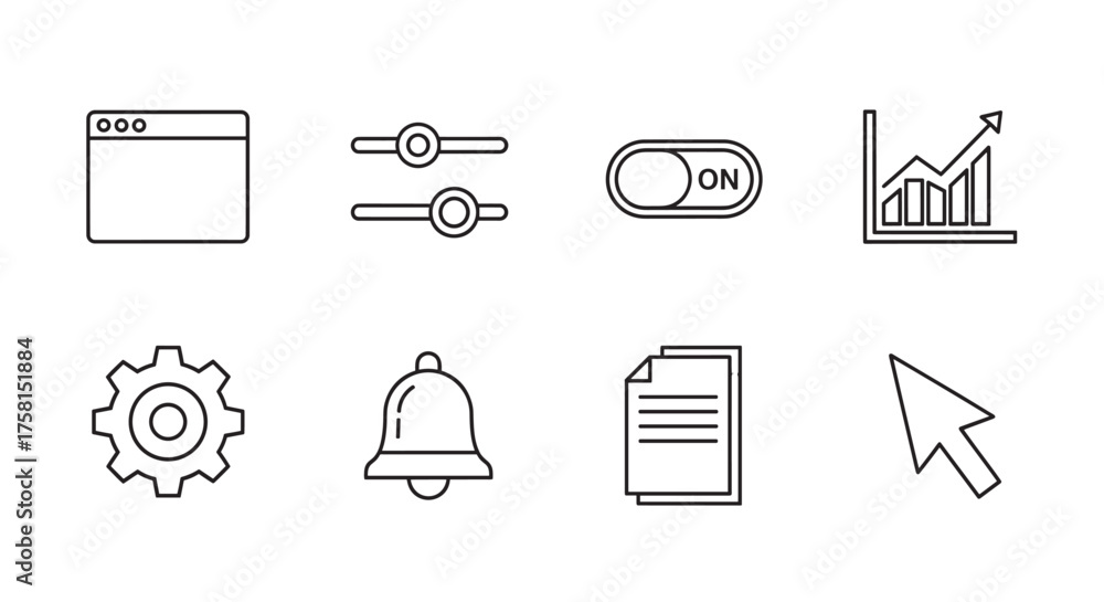 Eight black outline icons representing various digital functions ...