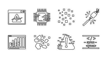 Eight black outline icons depicting software and technology concepts including graphics processing, data fragmentation, and code syntax representation.