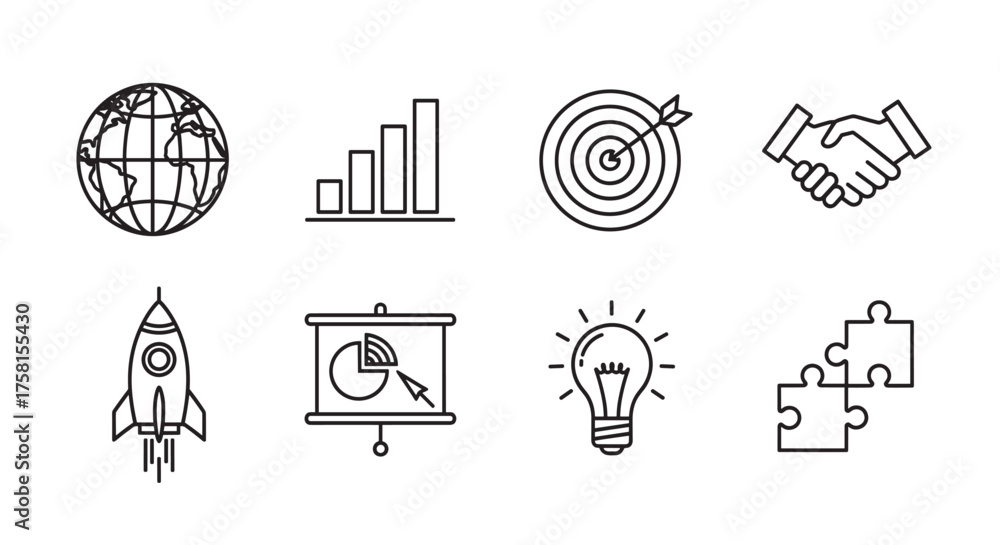 Black outline icons showing a globe, bar graph, target with arrow ...