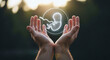 © Clin_Art - Hands cradling a glowing digital hologram of a human fetus or embryo in a protective sphere against a dark natural background with sunlight