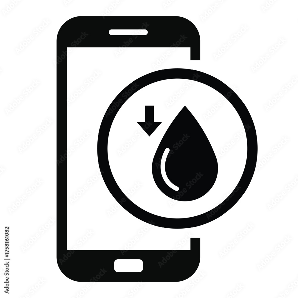 Single water drop icon inside a circle, overlaid on a simple smartphone ...