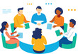 © CHANDRABATI - Diverse group of people sitting around a round table in a meeting discussing ideas on illustration