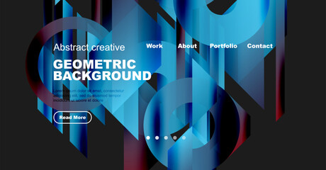 Wall Mural - Abstract geometric background design. Website header with navigation elements, text, button. Blue, purple color scheme dominates visual space.