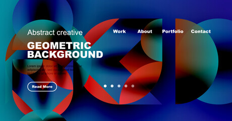 Wall Mural - Abstract geometric design. Vibrant blue, red hues dominate. Website header with navigation elements present. Modern aesthetic.