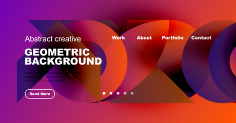 Wall Mural - Vibrant abstract geometric background. Website header design features text, navigation, dots, button. Modern style, colorful gradients present.