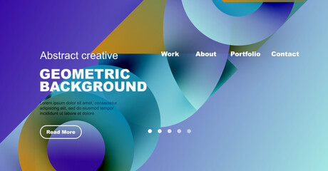 Wall Mural - Modern website mockup displays vibrant geometric shapes, text, navigation menu. Clean design promotes creativity, information access.