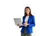 © Andrew505 - Portrait of a smiling Asian businesswoman in a stylish blue blazer holding a laptop, isolated on a transparent background