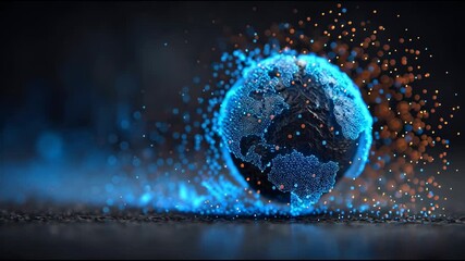 Wall Mural - A glowing abstract digital planet with blue light effects and connected city lines set against a dark futuristic background symbolizing technology innovation and global connectivity
