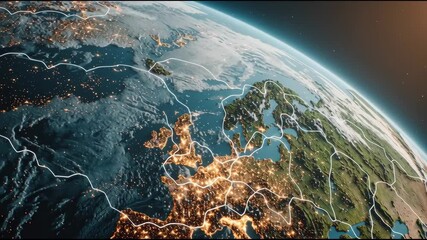 Wall Mural - A glowing abstract digital planet with blue light effects and connected city lines set against a dark futuristic background symbolizing technology innovation and global connectivity
