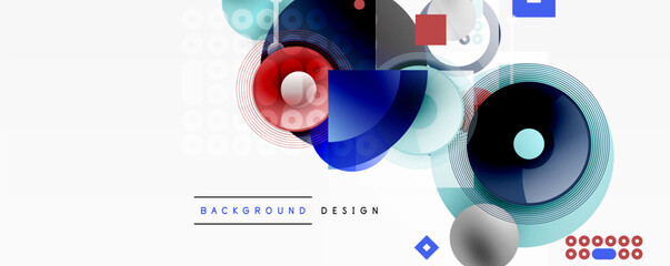 Wall Mural - Abstract geometric shapes, circles, squares overlap. Blue, red, gray color scheme creates modern design. Minimalist style background.