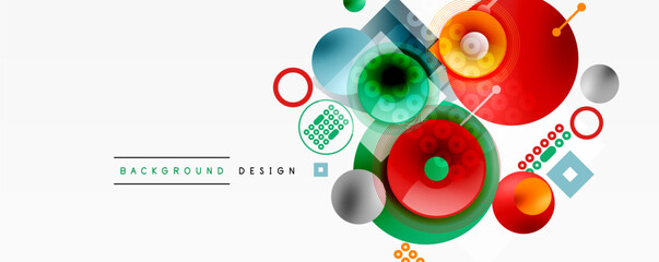 Wall Mural - Abstract geometric shapes, vibrant colors, modern design elements. Overlapping circles, squares, lines create dynamic composition.
