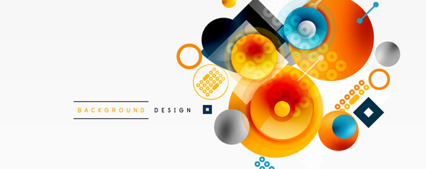 Wall Mural - Abstract geometric shapes, vibrant colors, modern design elements. Circles, squares, dots create dynamic composition. Background texture visible.