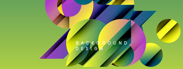 Wall Mural - Abstract geometric shapes overlap, creating vibrant colorful design. Green backdrop enhances visual impact. Modern aesthetic.