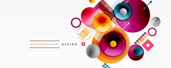 Wall Mural - Abstract geometric shapes overlap, creating vibrant colorful design. Circles, squares, dots form modern background pattern.