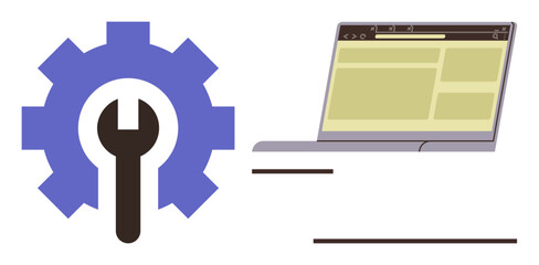 Wall Mural - Gear and wrench combined with laptop showcasing technical support, software development, and online updates. Ideal for technology, website optimization, IT services, repair, maintenance, digital
