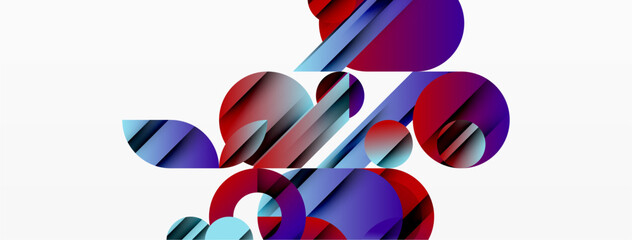 Wall Mural - Abstract composition featuring overlapping circles, rectangles. Vibrant purple, blue hues dominate white background. Modern design elements present.
