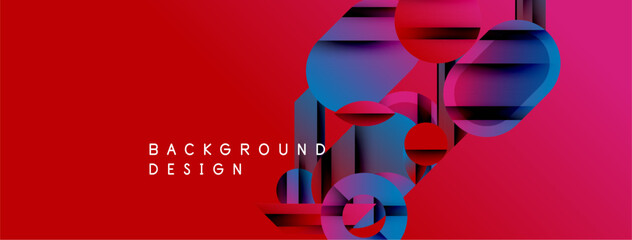 Wall Mural - Abstract geometric shapes overlap on red background. Modern design features blue, purple gradients. Text reads background design.