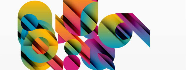 Wall Mural - Abstract geometric shapes overlap, creating vibrant colorful composition. Gradients suggest depth, dimension. Modern design elements present.