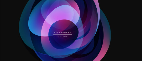 Wall Mural - Abstract flowing shapes create vibrant, layered design. Purple, blue hues dominate dark background. Text reads background design.