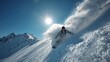 © imagemir - A male snowboarder gliding down a snowy slope, sending plumes of powder into the bright blue sky under a shining sun.
