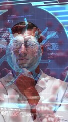 Wall Mural - Animation of covid 19 cell and data on screen over caucasian male doctor