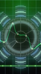 Wall Mural - Animation of round scanner and statistical data processing over grid network on green background